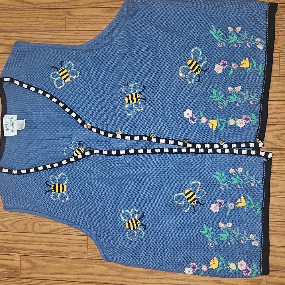 Quacker Factory Sweater Vest Womens Large Embroidered Bumblebees Blue